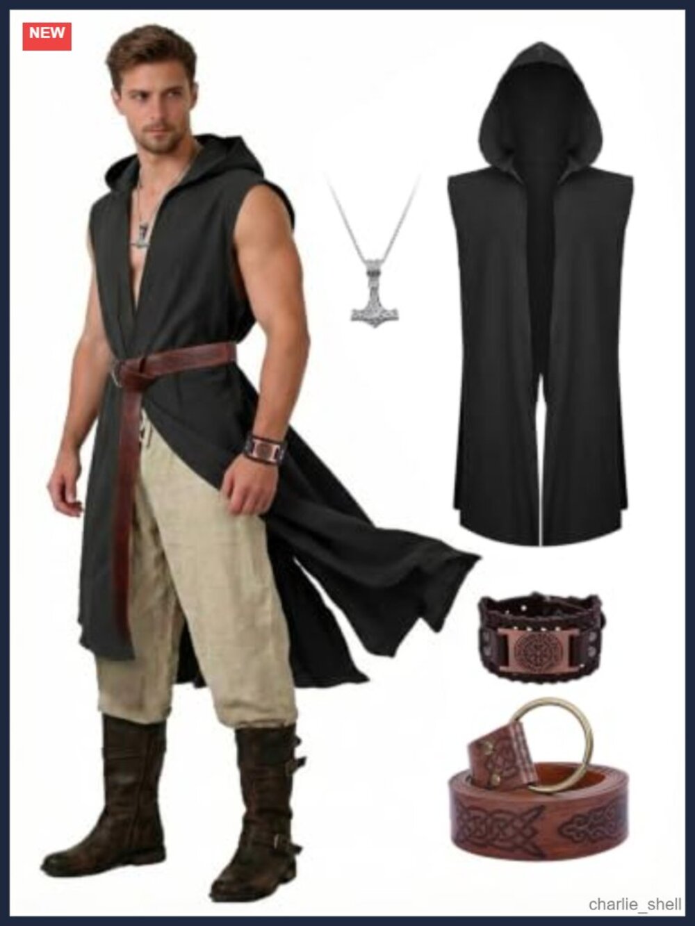 Men's Medieval Hooded Surcoat 4PC Renaissance Tunic Cloak Viking Belt Costume